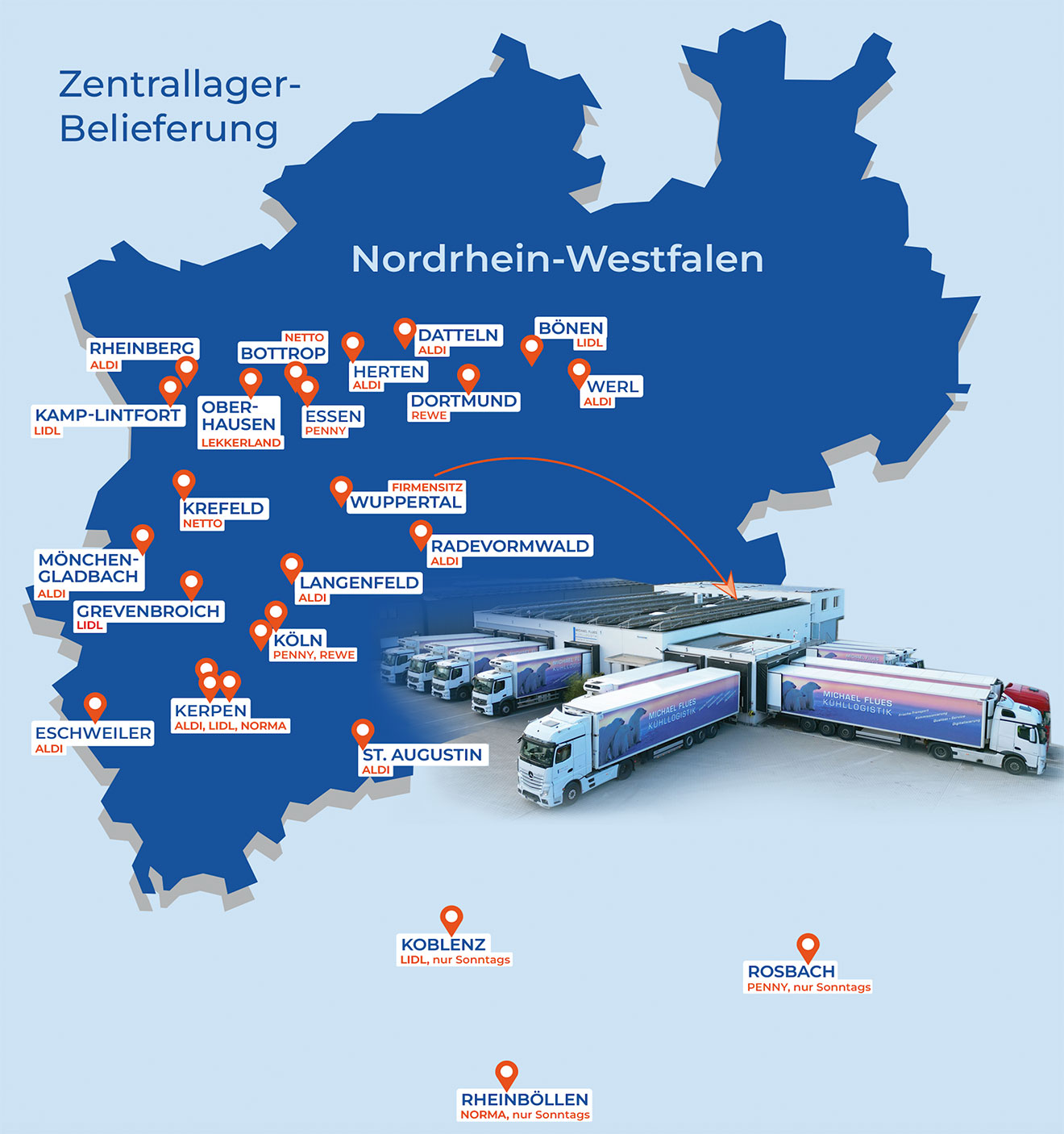 Übersichtskarte mit allen Orten die von Kühllogistik Flues beliefert werden